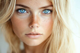 A woman with freckles on her face and blue eyes