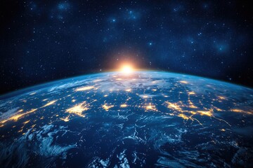 Wall Mural - night view of earth from space, glowing lights on the horizon.