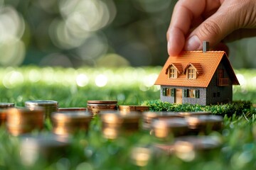 close-up shot of a businessperson's hand arranging a house model over stacked coins on green grass, symbolizing financial decisions and investments in real estate.