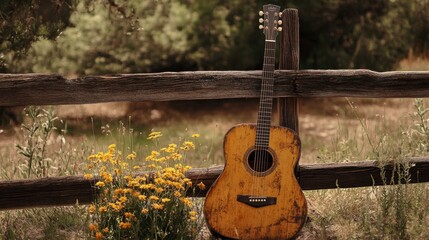 A beautifully aged acoustic guitar leaning against a wooden fence, with wildflowers growing around its base.