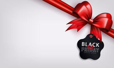 Wall Mural - White banner with 3d red gift bow and hanging price tag with text SALE, Black Friday, Special offer. Shopping card or poster with copy space as a present package with silk ribbon and discount label
