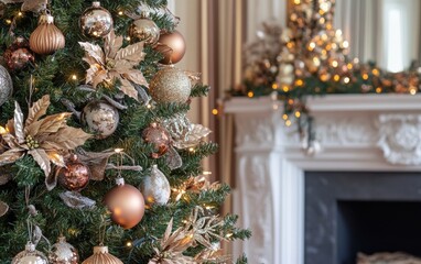 Close-up view of an elegantly decorated artificial Christmas tree in a cozy holiday living room with warm lights and festive ambiance