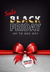 Wall Mural - Square sale banner with 3d red gift bow and price tag with promo for BLACK FRIDAY event. Ad card, poster, wallpaper with silk ribbon and discount label with special offer for online shopping