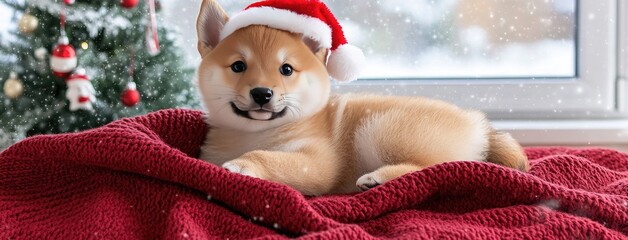 A joyful Shiba Inu puppy in a Santa hat relaxing on a cozy red blanket by a snow-filled window decorated for Christmas