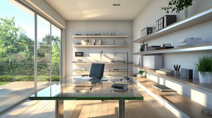 An open-plan home office with a sleek, glass desk and floating shelves, bathed in natural light