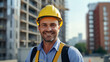 © Photolife   - portrait of a smiling European builder, 30 years old, in a hard hat and uniform, looking at the camera against the background of construction. man at work concept.