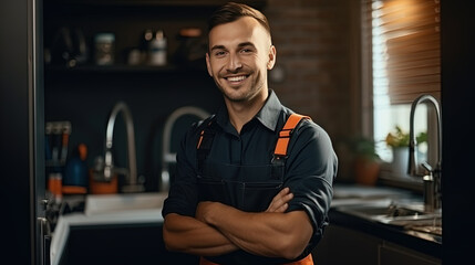 portrait of a smiling Caucasian plumber in uniform in the kitchen or bathroom. against the backdrop of repaired and installed plumbing fixtures