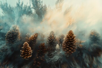 Wall Mural - Pine Cones In A Foggy Forest