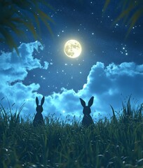 Wall Mural - an illustration of two white rabbits staring at a beautiful moonlit sky with stars alongside it, bri