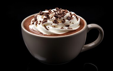 A cozy cup of hot chocolate topped with whipped cream and chocolate shavings against a sleek black background