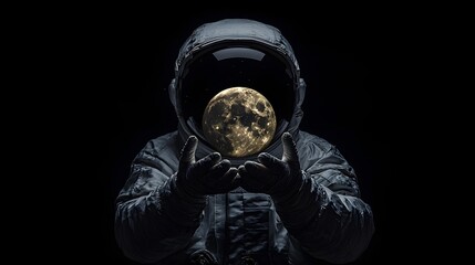 an astronaut holding the moon black background