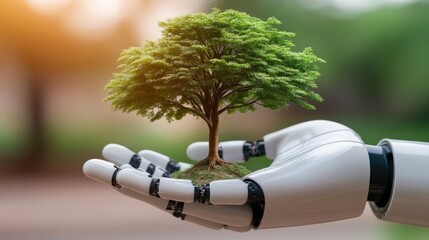 a tree growing from the palm of a robotic hand, symbolizing the balance of investment, technology, a