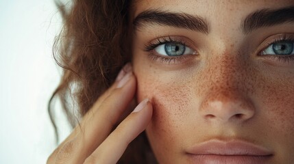 Wall Mural - Close-Up Portrait of a Woman with Freckles and Eye Contact