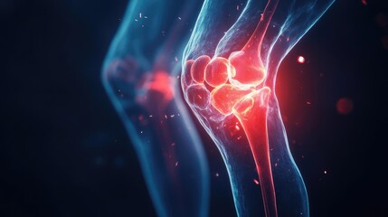 Wall Mural - A detailed illustration of a knee joint with glowing highlights, showcasing the anatomy and potential pain areas in a dramatic style.