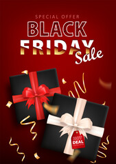 Wall Mural - Design of Black Friday banner with super sale advertisement and 3d gift boxes with golden confetti. Promotional poster, discount red card with presents and ribbon streamers for website or social media