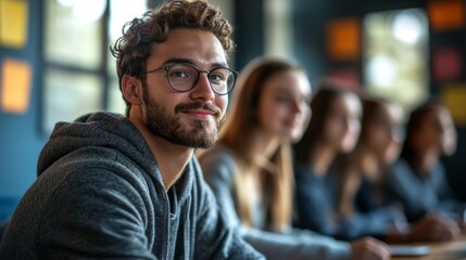 A man with glasses is smiling at the camera. He is wearing a gray hoodie. There are other people in the background, but the main focus is on the man with glasses