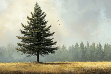 Sticker - A Single Pine Tree Stands Tall in a Meadow Against a Misty Forest Background