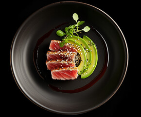 
A gourmet plate of seared tuna with sesame seeds, avocado slices, and soy glaze, plated in an elegant modern style.