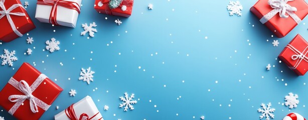 Wall Mural - a background for the christmas festive season with snow, leaves and gifts on the side, blank space f