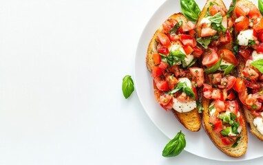 Toasted bruschetta topped with fresh tomatoes, basil, and mozzarella arranged enticingly for a bright culinary experience