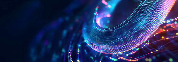 Cyber plasma and neon rhythm. Big data orbit high-tech innovation. Emotion of musical sounds and vibration of strings. 3D illustration of artificial intelligence neural network