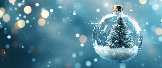 Sticker - a transparent hanging ornament in the christmas festive season, with a green tree and snowing around