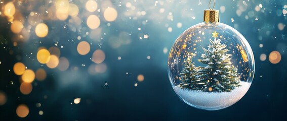 Sticker - a transparent hanging ornament in the christmas festive season, with a green tree and snowing around