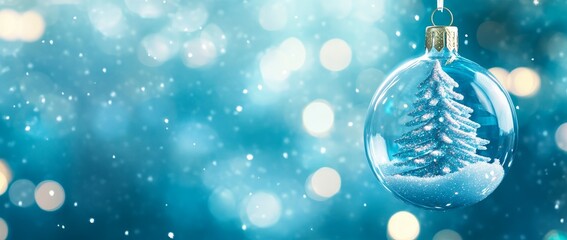 Wall Mural - a transparent hanging ornament in the christmas festive season, with a green tree and snowing around