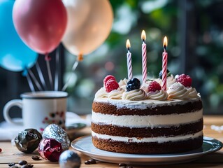 birthday cake, cream, balloons, candles