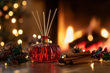 Wall Mural - red glass reed diffuser is releasing a pleasant aroma, creating a cozy and festive atmosphere in a h