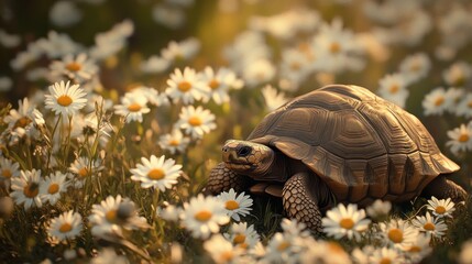 Poster - A Tortoise Among Daisies in Golden Light