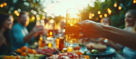 Close up of hand holding a glass of beer, with friends in the ba