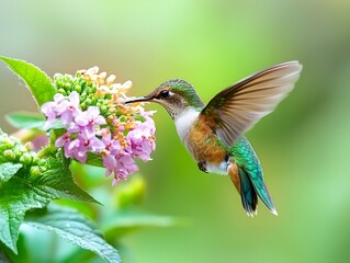 
Close-up of a hummingbird pollinating a flower, vivid color texture and detail, in nature, soft natural lighting