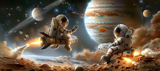 Poster - astronauts in outer space with planets in the background