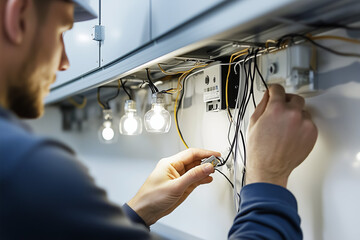 Electrician working on wiring installation with light bulbs in focus, showcasing electrical maintenance and professional work