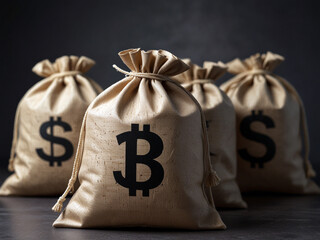 Wall Mural - Money Bag Featuring Dollar Sign and crypto sign: Isolated White Background for Clear Visibility