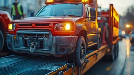 A red tow truck with flashing lights is seen towing a red car on a busy city street.