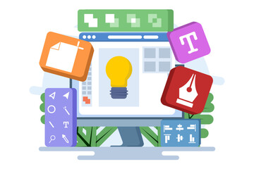 Graphic design software application concept on laptop or computer screen, flat illustration, vector template, design tools, symbols, icons and elements on screen, creator at work, graphic designer.