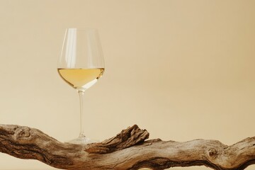 White wine and old snag on a beige background. Copy space - generative ai