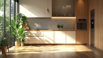 Sticker - Modern Kitchen with Wooden Accents and Sunlight Streaming in