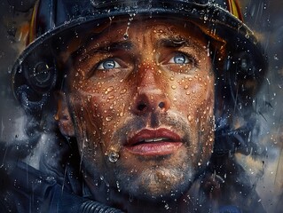 Poster - Close-up Portrait of a Firefighter in the Rain