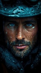 Wall Mural - Intense Portrait of a Man in the Rain