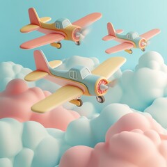 Colorful vintage airplanes flying through fluffy clouds in a dreamy sky setting, perfect for whimsical and playful themes.