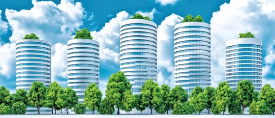 Canvas Print - Modern skyscrapers with greenery contrast against a bright blue sky, showcasing an eco-friendly urban environment.