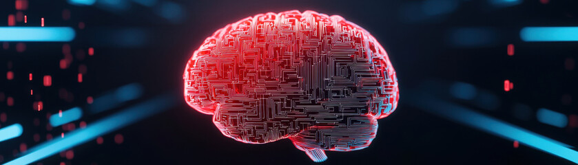 Canvas Print - digital representation of brain with intricate circuitry, illuminated in red, surrounded by flowing data streams, evokes sense of advanced technology and innovation