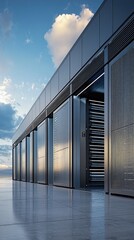 A modern data center showcasing sleek server racks under a vibrant sky, emphasizing technology and innovation in digital storage.