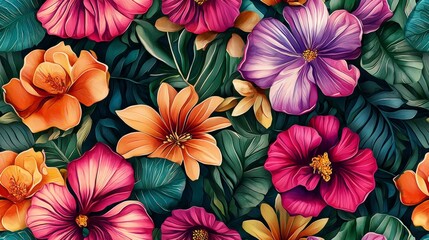 Wall Mural - Floral designs with vibrant blooms and leaves on black background. Flowers seamless pattern