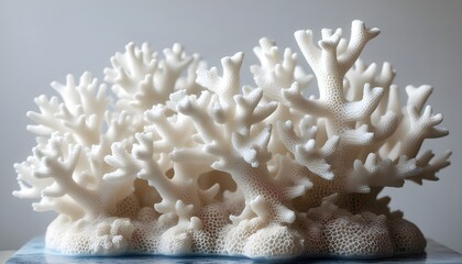 Intricate white coral reef sculpture adorned with delicate sandy textures and tiny white dots