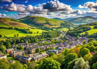 Wall Mural - Scenic View of Galashiels Town in the Scottish Borders Surrounded by Lush Green Hills and Nature