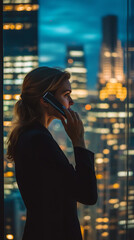 Wall Mural - Businesswoman Overlooking Cityscape During Evening Phone Call  